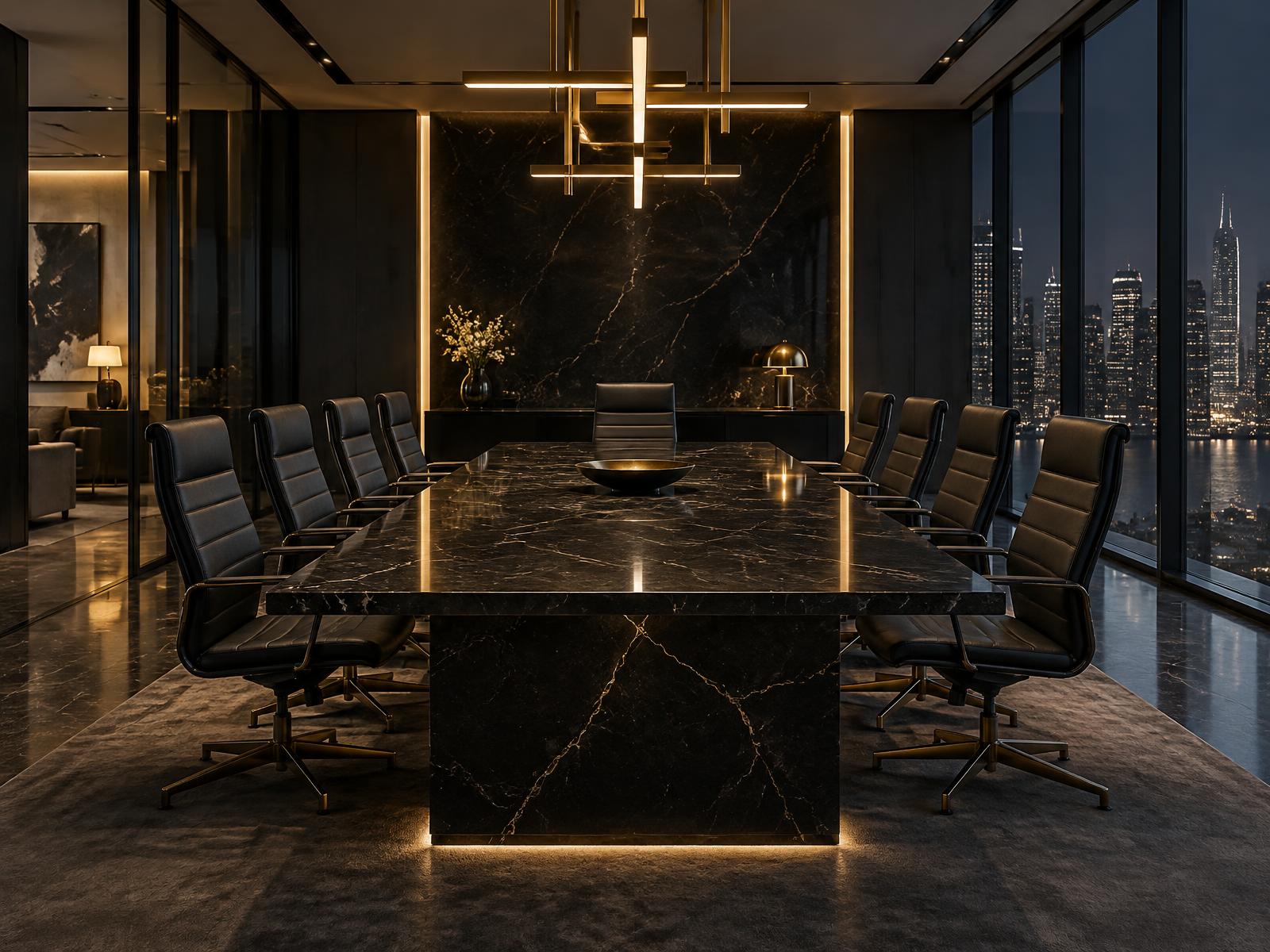 Executive boardroom overlooking a global financial center
